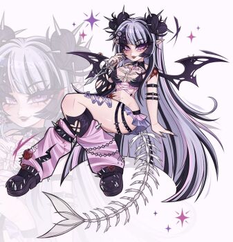 1girl bare_shoulders bat_wings black_boots black_bra black_streaks blunt_bangs boots bra breasts commentary corset_piercing double_bun ear_piercing english_commentary full_body hair_bun hair_sprinkles heart_hair_bun highres indie_virtual_youtuber knee_up large_breasts long_hair looking_at_viewer loose_socks majo_r_(tricksterbear) miniskirt multicolored_hair piercing pink_socks pointy_ears purple_eyes purple_hair purple_skirt second-party_source skeletal_tail skirt socks solo spiked_boots spikes sprinkle_hershy sprinkles streaked_hair tail torn_wings underwear very_long_hair virtual_youtuber white_background wings zoom_layer