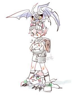 Rule 34 | 1boy, 96uni69, backpack, bag, black shirt, brown hair, commentary request, digimon, digimon story: time stranger, full body, goggles, goggles on head, gomamon, green eyes, group picture, highres, male focus, patamon, picodevimon, shirt, short hair, shorts, simple background, sketch, white background, yellow eyes, yuuki dan