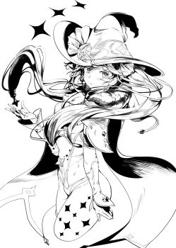 Rule 34 | 1girl, absurdres, bodystocking, breasts, cape, choker, detached sleeves, earrings, fur collar, genshin impact, gloves, greyscale, hat, hat ornament, highleg, highleg leotard, highres, jewelry, leotard, lineart, long hair, looking at viewer, medium breasts, mona (genshin impact), monochrome, pantyhose, sharekoube, solo, star (symbol), star earrings, thighs, twintails, witch hat