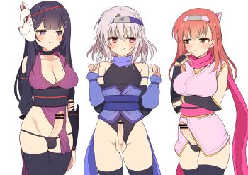 1boy 2futa absurdres asuka_minato bar_censor black_choker black_leotard black_panties black_sleeves black_thighhighs blush breasts brown_eyes bulge censored character_request check_character choker cleavage closed_mouth clothing_aside commission cowboy_shot crossdressing crossdressing_(mtf) detached_sleeves erection forehead_protector futanari grey_hair hair_between_eyes hair_ornament hairclip highres hokuro_ryuuseigun japanese_clothes kimono large_breasts leotard leotard_aside long_hair mask mask_on_head medium_hair medium_penis mouth_mask multiple_futa ninja ninja_(tera_online) ninja_mask orange_hair otome_domain panties pelvic_curtain penis penis_size_difference pink_scarf pixiv_commission precum precum_string purple_eyes purple_hair purple_scarf red_eyes scarf short_kimono simple_background smile testicles thighhighs trap underwear watashi_no_hatsukoi_wa_hazukashisugite_dare_ni_mo_ienai white_background yasumi_kaede