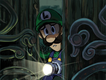 1boy black_eyes blue_overalls brown_hair cowboy_shot facial_hair green_hat green_shirt hat highres holding holding_lantern lantern long_sleeves looking_at_viewer luigi luigi&#039;s_mansion male_focus mario_(series) mustache nintendo open_door overalls parted_lips shirt solo teeth yamari_(ya_mari_6363)