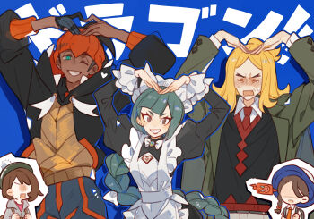 2boys 3girls apron aqua_eyes beret black_hair black_hoodie black_sweater_vest blonde_hair blue_shorts blunt_bangs blush bow bowtie braid brown_eyes brown_hair chibi commentary dark-skinned_male dark_skin earrings fang frilled_sleeves frills gloria_(pokemon) gloves green_hair green_jacket hairband half_updo hassel_(pokemon) hat heart heart_arms heart_hands height_difference highres hood hoodie jacket jewelry juliana_(pokemon) lebanne_(pokemon) long_hair looking_at_viewer luminous_slime maid maid_apron multiple_boys multiple_girls nintendo no_eyes partially_fingerless_gloves pokemon pokemon_legends:_z-a pokemon_sv pokemon_swsh pom_pom_(clothes) ponytail puffy_sleeves raihan_(pokemon) shorts side_braid single_glove striped_blush sweat sweater_vest symbol-only_commentary tears upper_body very_long_hair white_bow white_bowtie