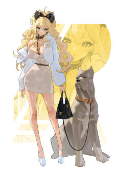 1girl absurdres animal_ears bag bare_shoulders belt black_bag black_belt black_bow black_choker black_ribbon blonde_hair bow breasts choker cleavage commentary dog dress earrings full_body goddess_of_victory:_nikke green_eyes grey_dress hair_bow highres holding holding_bag jacket jewelry large_breasts leash legs long_hair long_sleeves looking_at_viewer migu_(iws2525) off_shoulder ribbon ribbon_choker rupee_(nikke) shoes standing white_background white_jacket white_shoes zoom_layer