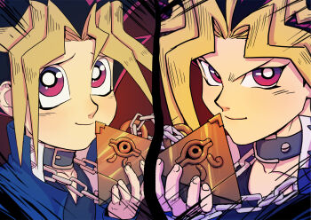 2boys black_collar black_hair blonde_hair blue_jacket chain chain_necklace collar commentary_request furrowed_brow holding jacket jewelry male_focus millennium_puzzle multicolored_hair multiple_boys muto_yugi necklace purple_eyes purple_hair raised_inner_eyebrows skyfiss smile split_screen yami_yugi yu-gi-oh! yu-gi-oh!_duel_monsters