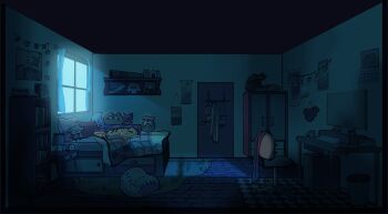 absurdres alarm_clock bed bedroom bookshelf calendar_(object) carpet chair clock commentary computer_keyboard computer_mouse curtains desk door english_commentary grem_(gigi_murin) highres hololive hololive_english i&#039;ll_still_be_here indoors izzy_delore lamp making-of night nightstand no_humans office_chair official_art pillow poster_(object) shelf still_life string_of_photos stuffed_animal stuffed_toy swivel_chair trash_can virtual_youtuber wardrobe window