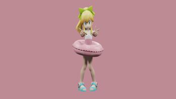 3d animated animated_gif blonde_hair capcom double_v green_eyes highres innertube mega_man_(classic) mega_man_(series) pink_background ponytail ribbon roll_(mega_man) sandals simple_background swim_ring swimsuit v