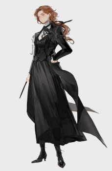 Rule 34 | 1girl, black boots, black coat, black ribbon, black skirt, black vest, blue eyes, boots, character name, closed mouth, coat, commentary, english commentary, full body, gynger edventray (hiiragimare), hand on own hip, high heel boots, high heels, highres, hiiragimare, hogwarts legacy, holding, holding wand, lace-up boots, long hair, long skirt, open clothes, open coat, original, ponytail, red hair, ribbon, shirt, simple background, skirt, solo, standing, vest, wand, white background, white shirt, wizarding world