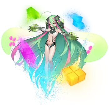 1girl ahoge armpits beeeeen clothing_request detached_sleeves flat_chest gloves green_eyes green_hair hair_between_eyes hair_ornament highres hologram huge_ahoge ireina_(last_origin) iridescent_clothes last_origin light_particles long_hair looking_at_viewer multicolored_hair navel non-web_source official_art pink_hair see-through_clothes see-through_pantyhose short_shorts shorts solo tachi-e transparent_background two-tone_hair very_long_hair