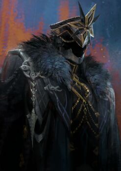 1boy black_coat black_hair black_helmet black_jacket capitano_(genshin_impact) chain coat coat_on_shoulders ddal fur-trimmed_coat fur_trim genshin_impact gold_chain gold_trim helm helmet highres jacket long_hair male_focus sidelocks solo standing