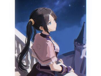 Rule 34 | 1girl, absurdres, balcony, black hair, blue dress, blue eyes, blue gloves, capelet, castle, cobwvmeti, dress, frilled capelet, frills, gloves, highres, idolmaster, idolmaster shiny colors, long hair, mitsumine yuika, night, solo, star (sky), tower, twintails, white capelet