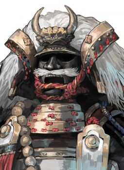 1other aoin armor bead_necklace beads commentary_request covered_face crest dou facing_to_the_side fake_facial_hair fake_mustache family_crest fukigaeshi helmet japanese_armor jewelry kabuto_(helmet) mane mask necklace nodowa_(gorget) original portrait red_rope rope samurai shikoro shoulder_armor simple_background sode solo white_background