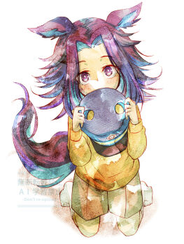 Rule 34 | 1girl, aged down, animal ears, black hair, blush, brown shorts, fenomeno (umamusume), flipped hair, hat, highres, holding, holding unworn clothes, holding unworn hat, horse ears, horse girl, horse tail, kneeling, long hair, long sleeves, looking at viewer, multicolored hair, purple eyes, purple hair, shirt, shorts, socks, sweater, tail, umamusume, unworn hat, unworn headwear, white socks, yellow sweater, yue (lov n n)