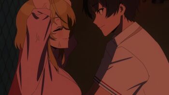 1boy 1girl animated anime_screenshot ass black_bra black_panties blonde_hair blush bouncing_breasts bra bra_peek bracelet breasts brown_eyes brown_hair censored cleavage closed_eyes clothes_pull clothing_aside collarbone erection french_kiss grabbing_another&#039;s_breast groping hair_ornament hairclip hand_on_another&#039;s_cheek hand_on_another&#039;s_face heart heart_necklace highres hug jewelry katagiri_nanase kiss kissing_penis large_breasts long_hair mole mole_under_eye necklace novelty_censor nukigee_mitai_na_shima_ni_sunderu_watashi_wa_dou_surya_ii_desu_ka? open_mouth panties panties_aside pants pants_pull penis school_uniform sex shirt smile sound spread_legs subtitled tachibana_junnosuke tagme thighs thong tongue tongue_out underwear vaginal video white_shirt yellow_eyes