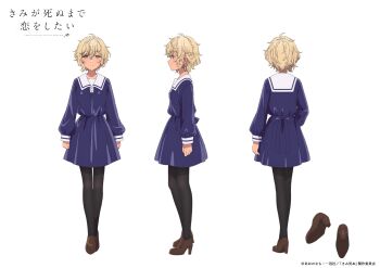 1girl ahoge anime_coloring blonde_hair copyright_name copyright_notice dark_skin dress facing_away high_heels highres kimi_ga_shinu_made_koi_wo_shitai long_sleeves looking_ahead looking_at_viewer maud_ali multiple_views official_art pantyhose sailor_collar school_uniform short_dress short_hair simple_background white_background white_sailor_collar