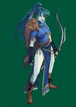 1girl armor bow_(weapon) breasts cape dress earrings fingerless_gloves fire_emblem fire_emblem:_the_blazing_blade fire_emblem_heroes fur_cape gloves green_eyes green_hair hair_ornament high_ponytail highres holding holding_bow_(weapon) holding_weapon jewelry long_hair looking_at_viewer lyn_(brave_lady)_(fire_emblem) lyn_(fire_emblem) medium_breasts nintendo open_mouth pelvic_curtain ponytail rod_langhi side_slit solo very_long_hair weapon