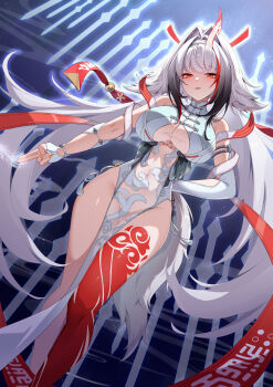 Rule 34 | 1girl, absurdres, arm behind back, bare legs, bare shoulders, breasts, china dress, chinese clothes, colored skin, commentary request, covered navel, dress, gradient hair, hair intakes, highres, large breasts, large tail, maozi tutu, multicolored hair, no panties, parted lips, pelvic curtain, red eyes, red skin, see-through cleavage, see-through clothes, see-through dress, sleeveless, sleeveless dress, smile, solo, tail, thighs, white dress, white hair, ye shunguang, ye shunguang (enlightened state), zenless zone zero