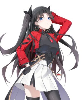 1girl absurdres black_gloves black_hair black_ribbon black_shirt black_thighhighs blue_eyes breasts commentary cowboy_shot fate/stay_night fate_(series) gloves hair_ribbon hand_on_own_hip highres honkai:_star_rail honkai_(series) jacket jewelry long_hair long_sleeves medium_breasts necklace nicel open_clothes open_jacket pleated_skirt red_jacket ribbon rin's_pendant_(fate) shirt simple_background skirt solo thighhighs tohsaka_rin tohsaka_rin_(honkai:_star_rail) two_side_up white_background white_skirt