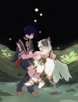 1boy 1girl anklet armlet black_background black_bodysuit black_kimono black_leggings black_shorts black_sleeves blunt_ends bodysuit bright_pupils cape closed_mouth cross-shaped_pupils detached_sleeves dress furisode genshin_impact glowing glowing_hair gold green_cape green_eyes green_hair green_sleeves hand_on_another&#039;s_wrist highres holding_another&#039;s_hair in_tree japanese_clothes jewelry juban kimono layered_sleeves leggings long_hair looking_down mandarin_collar mitsudomoe_(shape) multicolored_hair nahida_(genshin_impact) neck_ring o-ring open_clothes open_kimono outdoors plant playing_with_another&#039;s_hair purple_eyes purple_hair purple_sleeves red_kimono red_sash ripples sash scaramouche_(genshin_impact) short_sleeves shorts side_ponytail sidelocks single_sode sitting sitting_in_tree snc_tozai socks stirrup_footwear stirrup_legwear streaked_hair symbol-shaped_pupils toeless_legwear toenails toes tomoe_(symbol) tree twitter_username wading white_dress white_hair white_kimono white_pupils white_socks