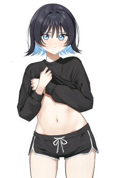 1girl absurdres aqua_eyes black_hair black_shorts black_sweater choppy_bangs closed_mouth clothes_lift colored_inner_hair cowboy_shot dolphin_shorts drawstring highres lifting_own_clothes long_sleeves looking_at_viewer multicolored_hair navel original sambel_kacang1 short_hair short_shorts shorts simple_background solo standing stomach sweat sweater sweater_lift white_background