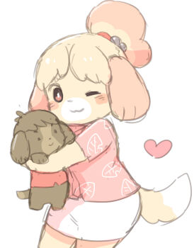 1girl :3 absurdres animal_crossing animal_crossing:_new_horizons animal_ears animal_nose bell blush body_fur character_doll closed_mouth commentary_request digby_(animal_crossing) dog_ears dog_girl dog_tail doll furry furry_female hair_bell hair_ornament heart highres holding holding_doll holding_stuffed_toy hugging_doll hugging_object isabelle_(animal_crossing) jingle_bell leaf_print looking_at_viewer nintendo one_eye_closed pink_shirt print_shirt shirokuro_buti shirt short_sleeves skirt smile solo stuffed_animal stuffed_toy tail white_background white_skirt