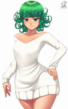 Rule 34 | 1girl, green eyes, green hair, hand on own hip, highres, lips, looking at viewer, one-punch man, rocky-ace, short hair, smile, solo, standing, sweater, tatsumaki, thighs