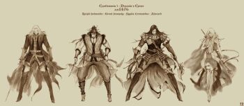 1girl 3boys absurdres adrian_farenheights_tepes alucard_(castlevania) axe bandages bandana barefoot belt boots castlevania_(series) castlevania_iii:_dracula's_curse chain cloak coat daburoku dagger dhampir dress dual_wielding everyone gloves grant_danasty grant_dynasty hair_over_one_eye half-human highres holding hood knife konami long_hair male_focus monochrome multi-wield multiple_boys pirate ralph_c_belmont sepia sheath staff sword sypha_belnades thigh_boots thighhighs trench_coat trevor_belmont trevor_c._belmont undead vampire vest weapon whip