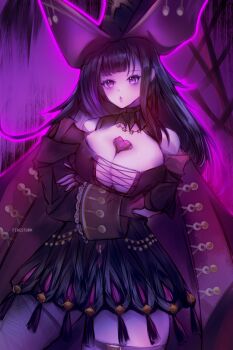 Rule 34 | 1girl, absurdres, arms under breasts, artist name, azur lane, black coat, black dress, black hair, black thighhighs, breasts, cleavage, coat, crossed arms, dress, firestormuwu, hat, highres, jewelry, large breasts, long hair, looking at viewer, outline, pink outline, pink pupils, pirate, pirate hat, purple eyes, queen anne's revenge (azur lane), solo, thighhighs