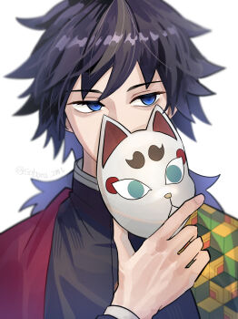 1boy absurdres black_hair black_jacket blue_eyes commentary demon_slayer_uniform fox_mask haori high_collar highres holding holding_mask jacket japanese_clothes kikkoumon kimetsu_no_yaiba long_hair looking_to_the_side low_ponytail male_focus mask ponytail print_haori red_haori simple_background soboru_jmt solo spiked_hair symbol-only_commentary tomioka_giyuu upper_body white_background