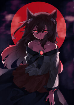 1girl absurdres animal_ear_fluff animal_ears black_dress breasts brooch brown_hair cleavage closed_mouth collarbone dress fog hair_between_eyes hashtag-only_commentary highres imaizumi_kagerou jewelry long_hair long_sleeves looking_at_viewer moon muraryo night one-hour_drawing_challenge red_dress red_eyes red_moon red_nails solo touhou white_dress wolf_ears wolf_girl