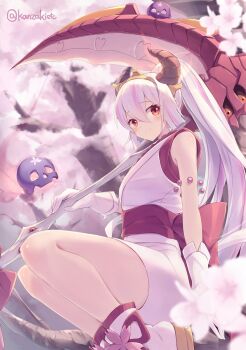 1girl cherry_blossoms demon_girl demon_horns duel_monster feet_out_of_frame flower highres holding holding_scythe horns japanese_clothes kanzakietc kimono ponytail red_blossoms_from_underroot scythe short_kimono sitting_on_branch thighs tree yu-gi-oh!