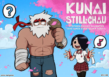 1boy 1girl ? abs alternate_costume bandaged_hand bandages beard black_eyes black_hair cherry_blossoms confused dark-skinned_male dark_skin denim english_text even_older_scott facial_hair feet_out_of_frame full_beard future_scott_pilgrim garabato hands_up hetero jeans knives_chau large_hands long_beard pants sanpaku scott_pilgrim scott_pilgrim_(series) scott_pilgrim_takes_off short_hair smile solid_oval_eyes spoken_question_mark standing strongman_waist thick_beard thick_eyebrows time_paradox topless_male torn_clothes torn_pants walking