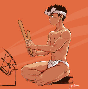 1boy drum fundoshi instrument japanese_clothes male_focus mog300n muscular muscular_male orange_background original shota sitting solo