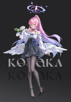 1girl absurdres angel_wings artist_name bespectacled black_background black_bow black_choker black_pantyhose black_shoes black_skirt blue_archive blue_bow blue_scrunchie bow bow_skirt breasts choker christian_louboutin_(brand) cleavage closed_mouth collarbone commentary_request criss-cross_halter earrings feathered_wings flower full_body glasses hair_ornament hair_scrunchie hairclip halo halter_shirt halterneck high-waist_skirt high_heels high_ponytail highres jewelry kosaka_kaslana long_hair looking_at_viewer louboutins merchandise_available mika_(blue_archive) pantyhose patent_heels pink_hair ponytail pumps red_soles round_eyewear scrunchie shirt shirt_tucked_in shoes sidelocks simple_background skirt solo stiletto_heels strappy_heels text_background thighband_pantyhose very_long_hair white_flower white_shirt white_wings wings yellow_eyes