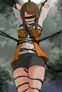 1girl arms_behind_head bdsm belt black_ribbon blindfold blush bondage bound bound_arms brown_hair fatal_frame fatal_frame:_maiden_of_black_water gag gem highres kozukata_yuuri leaf restrained ribbon shirt short_shorts shorts solo squeezing sweat thigh_strap thighs tokiburo white_shirt