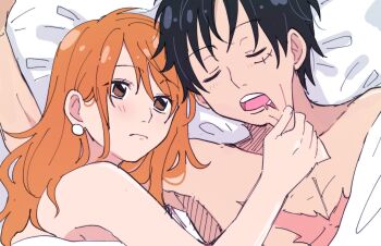 1boy 1girl bare_shoulders bed_sheet black_hair blush brown_eyes chatubo cheek_pull closed_eyes closed_mouth collarbone commentary cross_scar drooling earrings elasticity facial_scar hand_on_another's_cheek hand_on_another's_face jewelry long_hair looking_at_another lying monkey_d._luffy mouth_drool nami_(one_piece) nude on_back on_side one_piece open_mouth orange_hair pearl_earrings pillow scar scar_on_cheek scar_on_chest scar_on_face short_hair sleeping under_covers upper_body wavy_hair