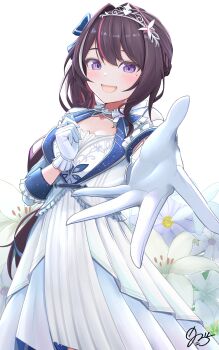 1girl :d absurdres artist_name azki_(dress)_(hololive) azki_(hololive) breasts brown_hair dress floral_background gloves hair_between_eyes hair_ornament highres hishaku_(7stel2ar) hololive large_breasts long_hair long_sleeves mole mole_under_eye multicolored_hair official_alternate_costume open_mouth pink_hair ponytail purple_eyes simple_background smile virtual_youtuber white_gloves white_hair white_tiara