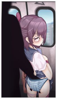 1boy 1girl ass blue_panties blue_skirt blush bow brown_hair chikan clothes_lift fallenshadow from_behind glasses grabbing_another&#039;s_ass groping hair_bow hair_ornament hairclip hand_in_another&#039;s_panties highres indie_virtual_youtuber leg_ribbon loli looking_back molestation panties pettan_(zeez4743) pink_eyes ribbon school_uniform serafuku shirt short_hair short_sleeves skirt skirt_lift solo_focus standing stealth_ass_grab striped_clothes striped_panties thigh_ribbon thighs train_interior underwear virtual_youtuber white_shirt