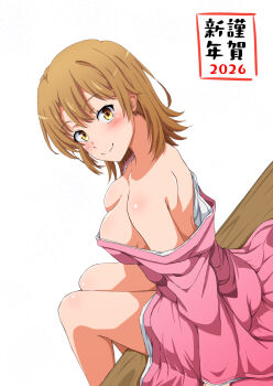 1girl 2026 breasts brown_hair cleavage commentary_request from_above highres isshiki_iroha japanese_clothes kimono konoyan large_breasts looking_at_viewer pink_kimono short_hair simple_background sitting smile solo thighs translation_request white_background yahari_ore_no_seishun_lovecome_wa_machigatteiru. yellow_eyes