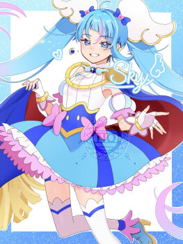 1girl :d ahoge asymmetrical_bangs bike_shorts blue_bike_shorts blue_boots blue_border blue_cape blue_dress blue_hair blue_shorts blush boots border bow brooch cape cape_lift character_name character_signature colored_petticoat commentary cure_sky cut_bangs detached_sleeves diagonal_bangs dress dress_bow earclip earrings english_text fingerless_gloves fingernails foot_out_of_frame fringe-trimmed_cape fringe_trim glitter gloves gradient_border gradient_hair grin hair_ornament heart high_heel_boots high_heels highres hikota. hirogaru_sky!_precure jewelry leg_up light_blush long_hair looking_at_viewer magical_girl medium_dress multicolored_hair open_hand open_mouth outline outside_border pink_bow precure puffy_detached_sleeves puffy_sleeves red_cape shorts single_bare_shoulder single_earring single_hair_streak single_sidelock sleeveless sleeveless_dress smile solo sora_harewataru sphere_earrings streaked_hair thighhighs twintails two-sided_cape two-sided_fabric two-tone_dress two-tone_hair very_long_hair watermark white_background white_dress white_gloves white_outline white_thighhighs wing_brooch wing_hair_ornament zettai_ryouiki