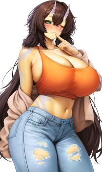 1girl ;) bare_shoulders blush breasts brown_hair brown_jacket closed_mouth collarbone commentary commission crossed_bangs denim english_commentary facial_mark green_eyes hair_between_eyes hand_up highres horns huge_breasts jacket jeans long_sleeves looking_at_viewer navel nov1527 off_shoulder one_eye_closed oni open_clothes open_jacket orange_shirt original pants shirt simple_background sleeveless sleeveless_shirt smile solo stomach torn_clothes torn_jeans torn_pants white_background