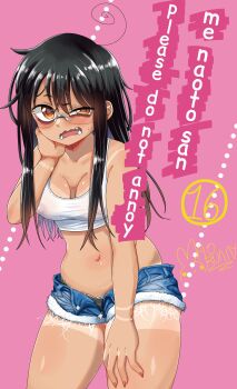 1girl absurdres alternate_universe artist_name black_hair breasts brown_eyes comic_cover_redraw commentary_request covered_erect_nipples cowboy_shot cutoffs denim denim_shorts derivative_work glasses hand_on_own_cheek hand_on_own_face highres ijiranaide_nagatoro-san long_hair looking_at_viewer mao_bunny medium_breasts midriff nagatoro_hayase navel open_fly open_mouth pink_background role_reversal shorts solo spanish_commentary sports_bra standing tan tanline teeth white_sports_bra