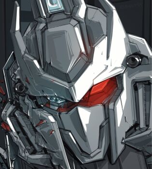 Rule 34 | artist name, assault visor, broken, commentary, damaged, delta plus, english commentary, glass shards, gundam, gundam unicorn, highres, kampen1184, mecha, mecha focus, mobile suit, no humans, portrait, red visor, robot, science fiction, solo