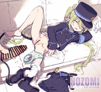 1boy 1girl aqua_panties arm_behind_head arm_up armband bar_censor black_hat black_shorts blue_archive blue_armband buttons censored character_name closed_eyes commentary_request copyright_name couch double-breasted erection fang gloves green_hair hair_between_eyes hat heart heart_panties heart_print hetero highres intentionally_missing_halo knee_up loli long_hair long_sleeves lying missing_halo nozomi_(blue_archive) on_back on_couch open_mouth panties panties_around_leg pantyhose pantyhose_around_one_leg penis grabbing_another's_penis print_panties pussy shoes shorts single_bare_foot single_bare_leg single_shoe skin_fang sleep_molestation sleeping solo_focus spread_legs stained_panties suzuki_kyoutarou twintails underwear unworn_gloves unworn_shorts variant_set