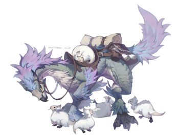 absurdres animal_focus artist_name baby_animal baby_seikret_(monster_hunter) closed_mouth commentary dinosaur english_commentary feather_in_mouth feathered_dinosaur feathers full_body highres looking_at_another lying monster_hunter_(series) monster_hunter_wilds mouth_hold no_humans on_back saddle saddlebags scroll seikret_(monster_hunter) shiiorina yellow_eyes