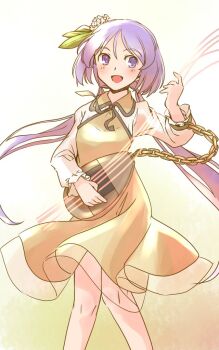 1girl :d biwa_lute blush collared_dress commentary_request dress feet_out_of_frame flower hair_flower hair_ornament hand_up holding holding_instrument instrument knees long_hair long_sleeves lute_(instrument) one-hour_drawing_challenge open_mouth purple_eyes purple_hair rangycrow shirt sideways_glance smile solo touhou tsukumo_benben twintails white_shirt yellow_background yellow_dress