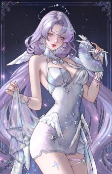 Rule 34 | 1girl, artist name, bare shoulders, breasts, cleavage, commentary, commission, dress, earrings, english commentary, fingernails, folding fan, hand fan, hands up, highres, holding, holding fan, jewelry, lips, long hair, looking at viewer, multiple girls, nail polish, original, parted lips, purple eyes, purple hair, serafleur, sleeveless, sleeveless dress, solo, very long hair, white dress, wings
