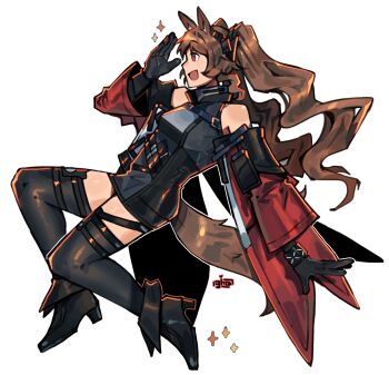 Rule 34 | 1girl, :d, absurdres, angelina (arknights), animal ears, arknights, arknights: endfield, bare shoulders, belt, black boots, black dress, black gloves, black thighhighs, blush, boots, breasts, brown hair, coat, commentary, dress, elbow gloves, english commentary, floating clothes, floating hair, fold-over boots, fox ears, fox girl, fox tail, from side, full body, gilberta (arknights), gloves, graysheartart, headpiece, high belt, high collar, high heel boots, high heels, highres, infection monitor (arknights), long hair, medium breasts, open mouth, profile, red coat, shading eyes, short dress, sideways mouth, simple background, smile, solo, sparkle, tail, thighhighs, twintails, white background
