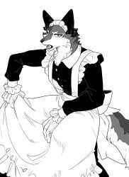 Rule 34 | 1boy, absurdres, animal ears, apron, back bow, body fur, bow, clothes lift, collared dress, crossdressing, dress, fangs, furry, furry male, gloves, greyscale, hands up, highres, long sleeves, looking at viewer, maid, maid apron, maid headdress, male focus, monochrome, open mouth, original, rata (norahasu), simple background, skirt, skirt lift, solo, standing, tail, white background, wolf boy, wolf ears, wolf tail