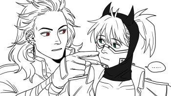 ... 2girls archived_source arm_wrap artist_name buttons cheek_poking collarbone cross cross_earrings detached_hood dorohedoro earrings efd english_text gloves green_eyes hand_up highres horns jewelry korean_commentary looking_at_another medium_hair mixed-language_commentary multiple_girls nikaidou_(dorohedoro) noi_(dorohedoro) padded_gloves parted_lips partially_colored poking ponytail popped_collar red_eyes speech_bubble spiked_hair stud_earrings