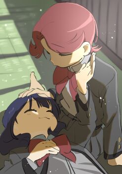 2girls :3 arm_at_side blue_hair bow bowtie closed_eyes closed_mouth collared_shirt commentary_request day facing_another grey_jacket grey_skirt hanayagi_kaoruko hand_on_another&#039;s_head hand_on_own_chest hand_up hands_up highres indoors isurugi_futaba jacket lap_pillow light_blush light_particles long_sleeves lying medium_hair multiple_girls on_back on_floor open_clothes open_jacket parted_bangs pink_hair pleated_skirt red_bow red_bowtie satori_(kusai3) school_uniform seishou_music_academy_uniform shade shirt shirt_tucked_in short_hair shoujo_kageki_revue_starlight sitting skirt smile upper_body white_shirt window_shadow yuri